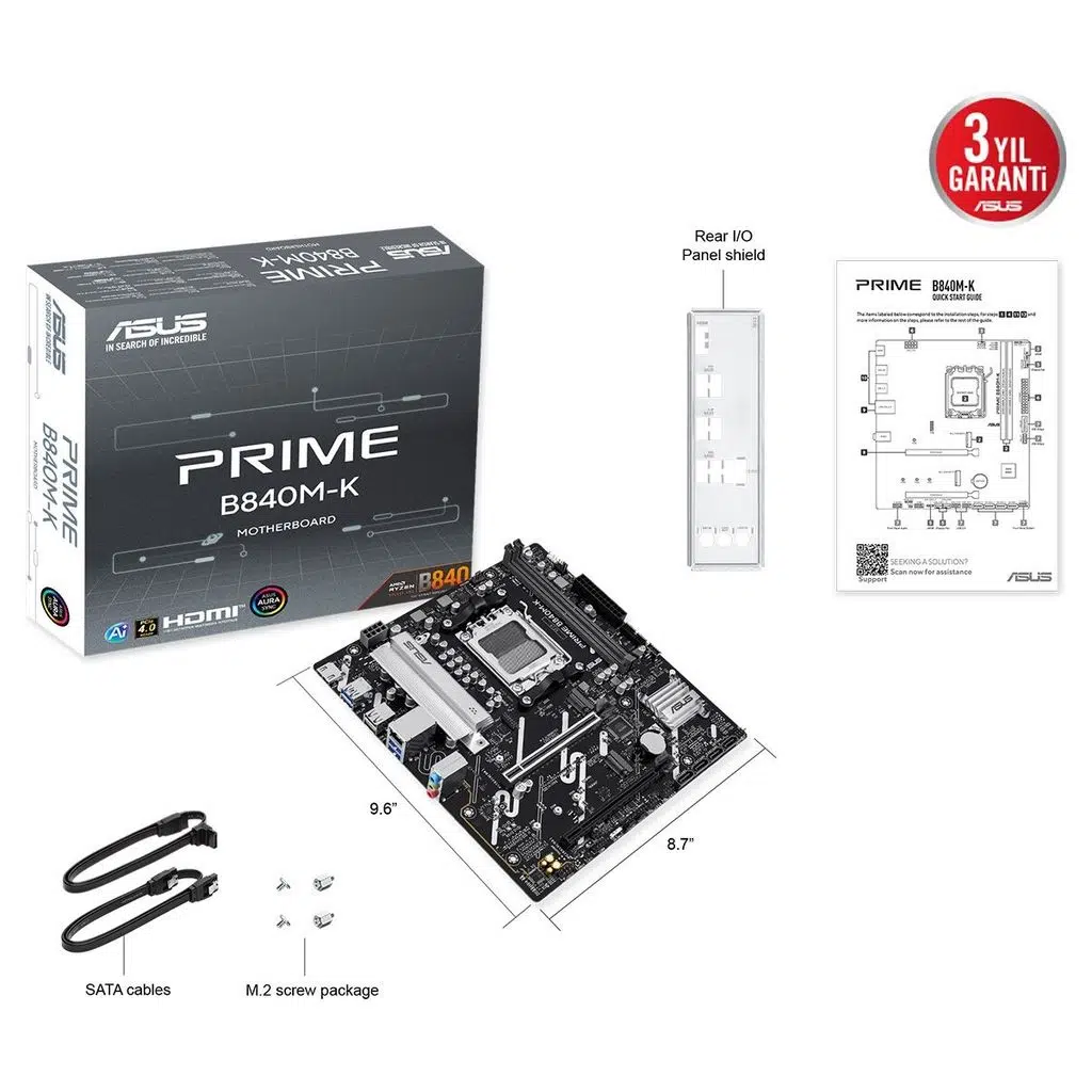 ASUS PRIME B840M-K AMD B840 AM5 DDR5 8000 HDMI Çift M2 USB3.2 AURA RGB 2.5Gbit LAN mATX 8+2+1 Güç Aşamaları ASUS 5X PROTECTION III Ready for Advance